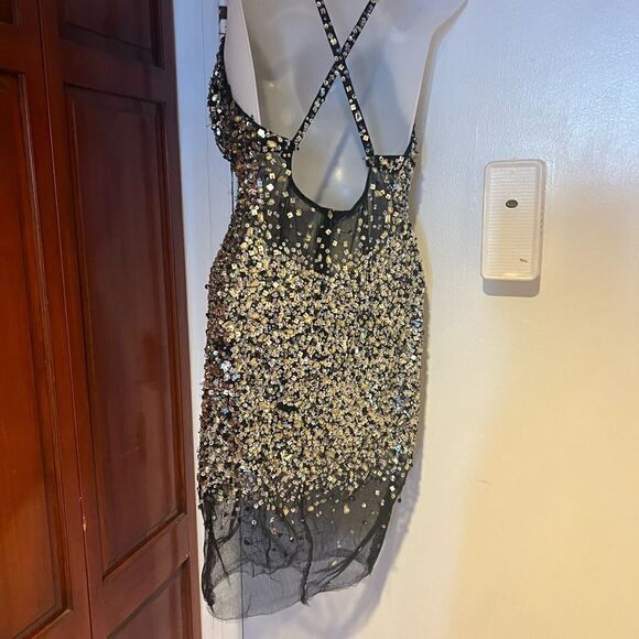 Sequence short prom dress evening event dress sequin beaded lace see thru dress - Picture 9 of 11